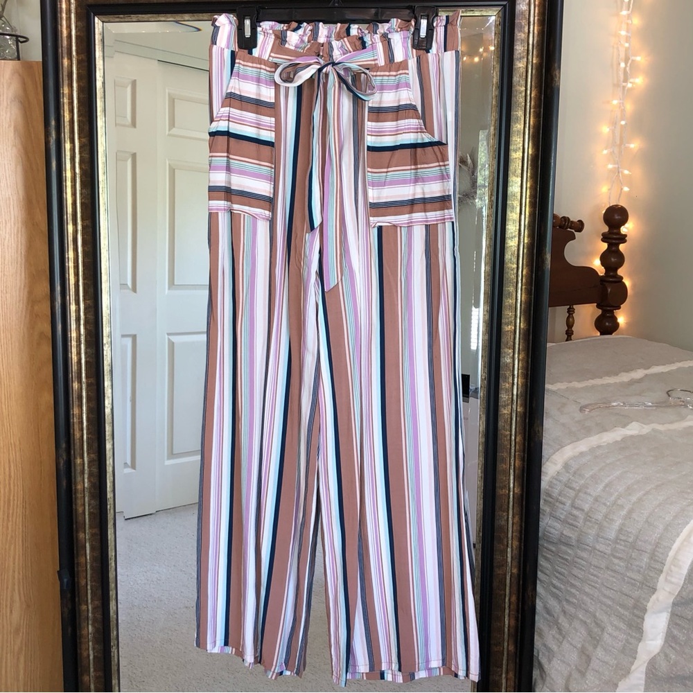 Wide Leg Paper Bag Waist Striped Flowy Pants